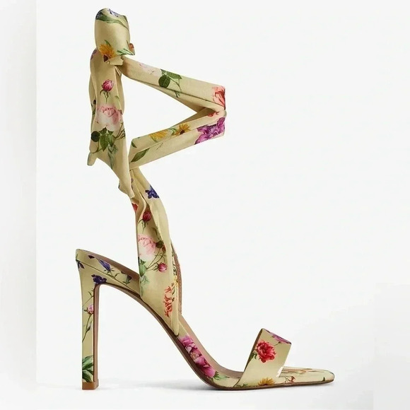 Express Yellow Floral Printed Lace Up Heeled Sandals Size 10 - Picture 1 of 5